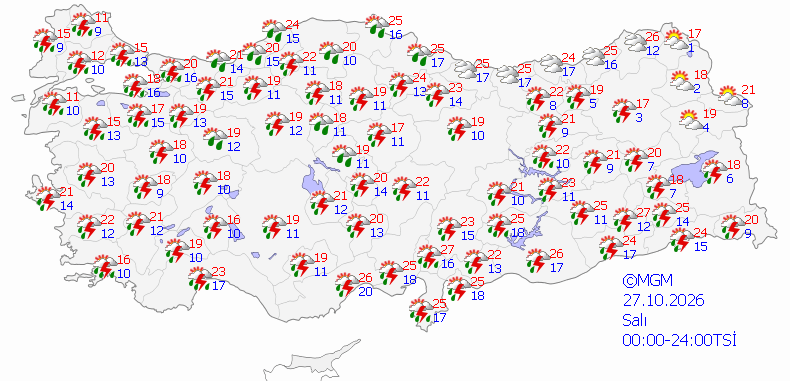 27 Ekim 2026 MGM hava durumu tahmin haritası