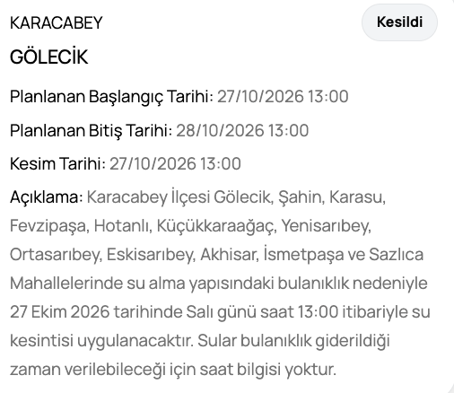 Bursa su kesintisi 28 Ekim BUSKİ planlı kesinti (Karacabey, Orhangazi, Nilüfer)