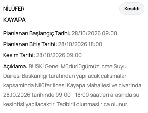 Bursa su kesintisi 28 Ekim BUSKİ planlı kesinti (Karacabey, Orhangazi, Nilüfer)