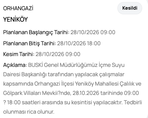 Bursa su kesintisi 28 Ekim BUSKİ planlı kesinti (Karacabey, Orhangazi, Nilüfer)