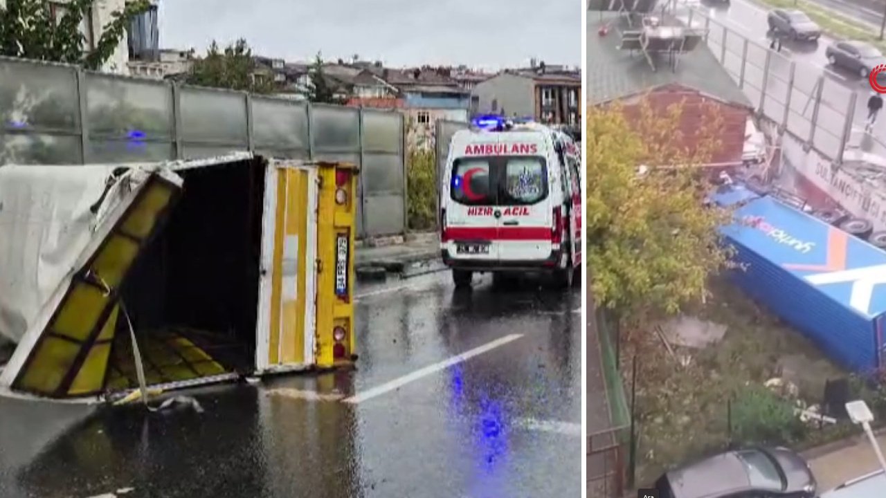İstanbul'da feci kaza! İki araca çarpan tır 5 metreden aşağı uçtu