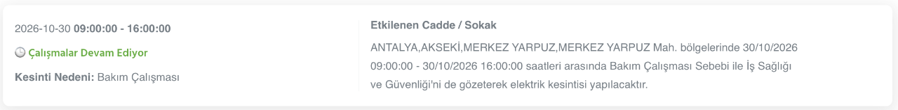 Antalya elektrik kesintisi 30-31 Ekim (Serik, Alanya, Kumluca, Kaş, Konyaaltı, Manavgat, Aksu, Gazipaşa, Muratpaşa, Demre, Döşemealtı, Elmalı, Akseki, Finike, Korkuteli)