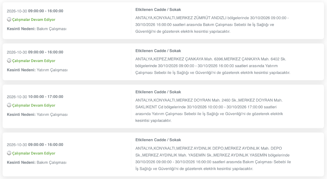 Antalya elektrik kesintisi 30-31 Ekim (Serik, Alanya, Kumluca, Kaş, Konyaaltı, Manavgat, Aksu, Gazipaşa, Muratpaşa, Demre, Döşemealtı, Elmalı, Akseki, Finike, Korkuteli)