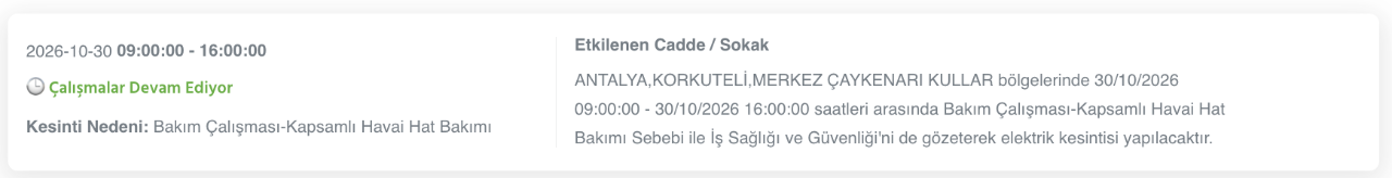 Antalya elektrik kesintisi 30-31 Ekim (Serik, Alanya, Kumluca, Kaş, Konyaaltı, Manavgat, Aksu, Gazipaşa, Muratpaşa, Demre, Döşemealtı, Elmalı, Akseki, Finike, Korkuteli)