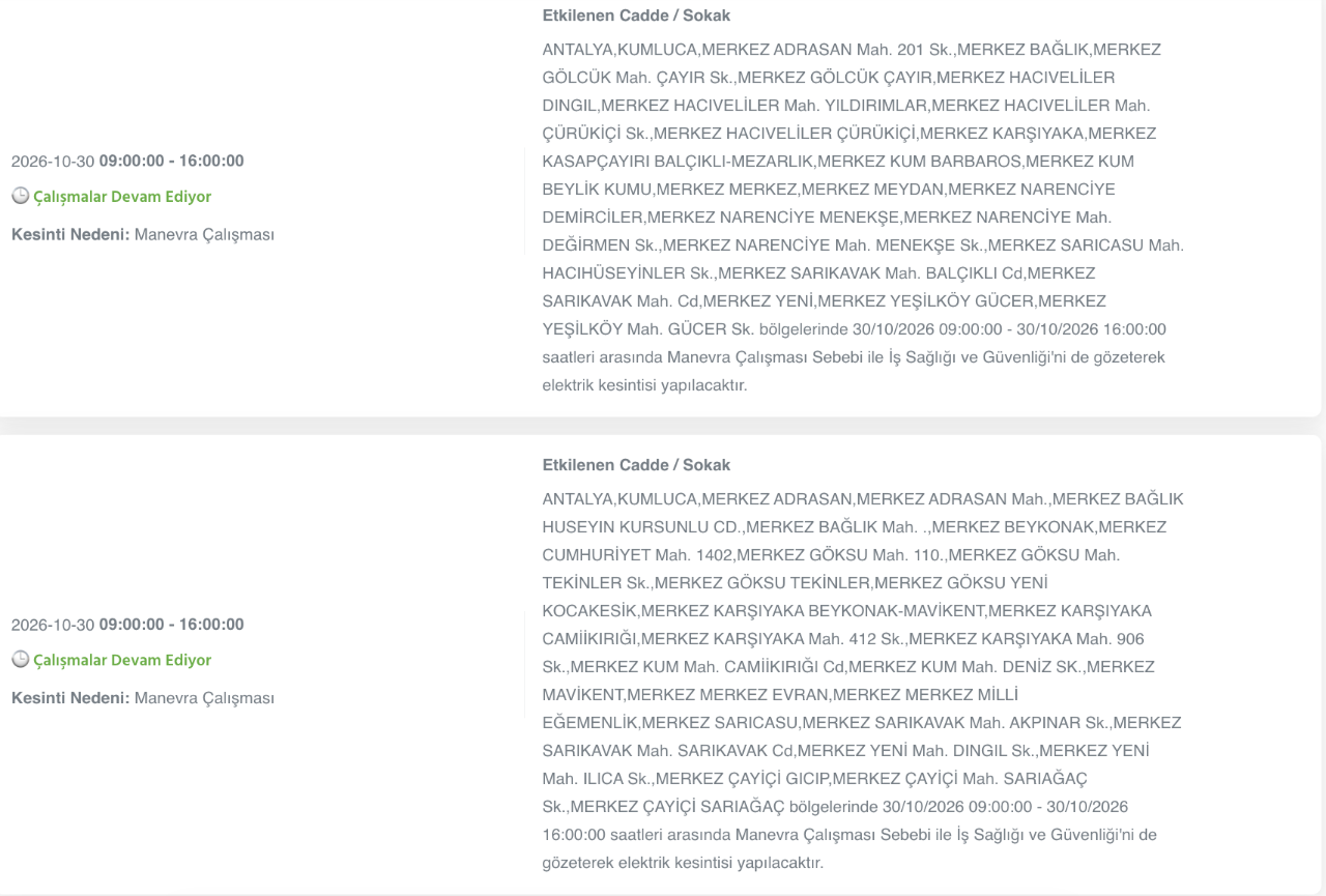 Antalya elektrik kesintisi 30-31 Ekim (Serik, Alanya, Kumluca, Kaş, Konyaaltı, Manavgat, Aksu, Gazipaşa, Muratpaşa, Demre, Döşemealtı, Elmalı, Akseki, Finike, Korkuteli)