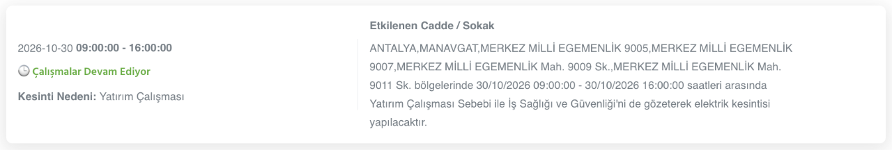 Antalya elektrik kesintisi 30-31 Ekim (Serik, Alanya, Kumluca, Kaş, Konyaaltı, Manavgat, Aksu, Gazipaşa, Muratpaşa, Demre, Döşemealtı, Elmalı, Akseki, Finike, Korkuteli)
