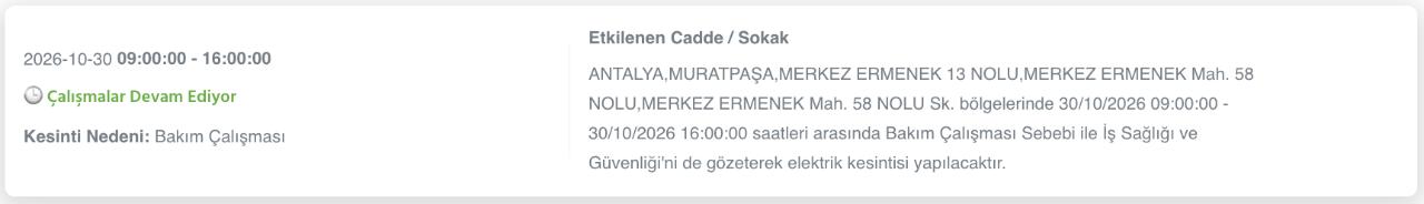 Antalya elektrik kesintisi 30-31 Ekim (Serik, Alanya, Kumluca, Kaş, Konyaaltı, Manavgat, Aksu, Gazipaşa, Muratpaşa, Demre, Döşemealtı, Elmalı, Akseki, Finike, Korkuteli)