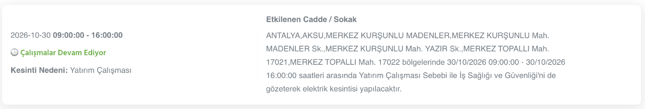Antalya elektrik kesintisi 30-31 Ekim (Serik, Alanya, Kumluca, Kaş, Konyaaltı, Manavgat, Aksu, Gazipaşa, Muratpaşa, Demre, Döşemealtı, Elmalı, Akseki, Finike, Korkuteli)