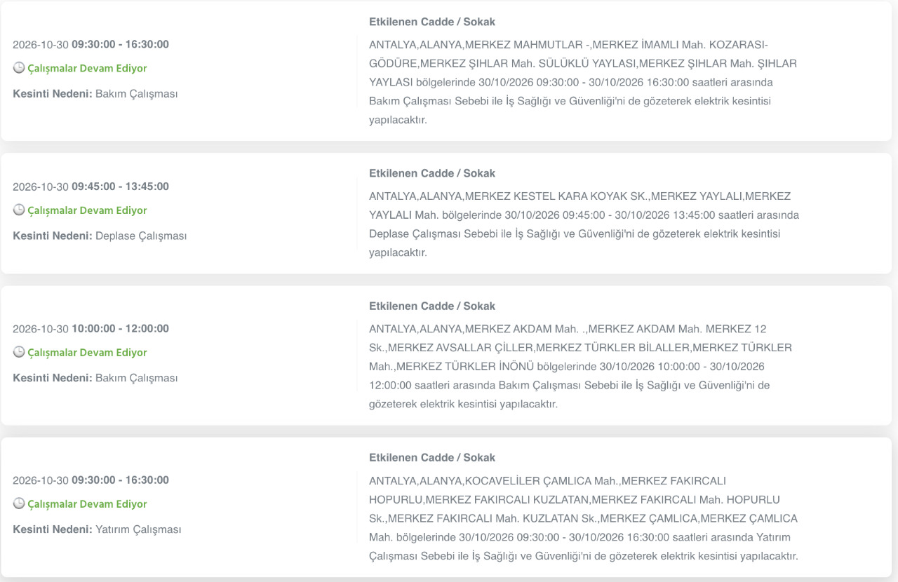 Antalya elektrik kesintisi 30-31 Ekim (Serik, Alanya, Kumluca, Kaş, Konyaaltı, Manavgat, Aksu, Gazipaşa, Muratpaşa, Demre, Döşemealtı, Elmalı, Akseki, Finike, Korkuteli)