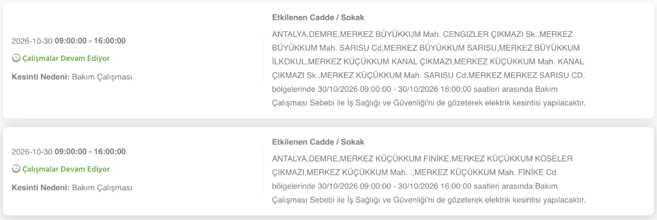 Antalya elektrik kesintisi 30-31 Ekim (Serik, Alanya, Kumluca, Kaş, Konyaaltı, Manavgat, Aksu, Gazipaşa, Muratpaşa, Demre, Döşemealtı, Elmalı, Akseki, Finike, Korkuteli)