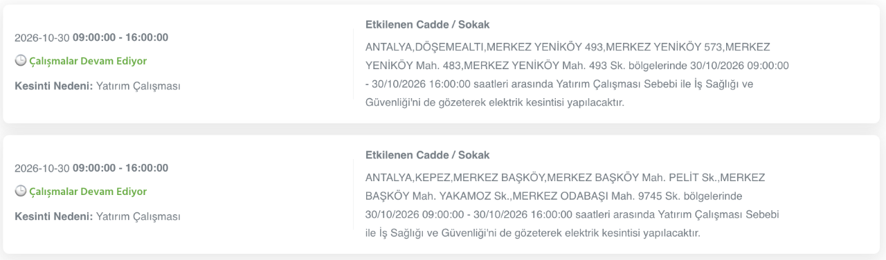 Antalya elektrik kesintisi 30-31 Ekim (Serik, Alanya, Kumluca, Kaş, Konyaaltı, Manavgat, Aksu, Gazipaşa, Muratpaşa, Demre, Döşemealtı, Elmalı, Akseki, Finike, Korkuteli)