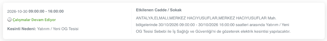 Antalya elektrik kesintisi 30-31 Ekim (Serik, Alanya, Kumluca, Kaş, Konyaaltı, Manavgat, Aksu, Gazipaşa, Muratpaşa, Demre, Döşemealtı, Elmalı, Akseki, Finike, Korkuteli)