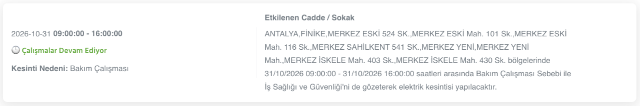 Antalya elektrik kesintisi 30-31 Ekim (Serik, Alanya, Kumluca, Kaş, Konyaaltı, Manavgat, Aksu, Gazipaşa, Muratpaşa, Demre, Döşemealtı, Elmalı, Akseki, Finike, Korkuteli)