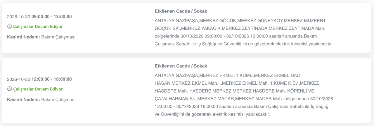 Antalya elektrik kesintisi 30-31 Ekim (Serik, Alanya, Kumluca, Kaş, Konyaaltı, Manavgat, Aksu, Gazipaşa, Muratpaşa, Demre, Döşemealtı, Elmalı, Akseki, Finike, Korkuteli)