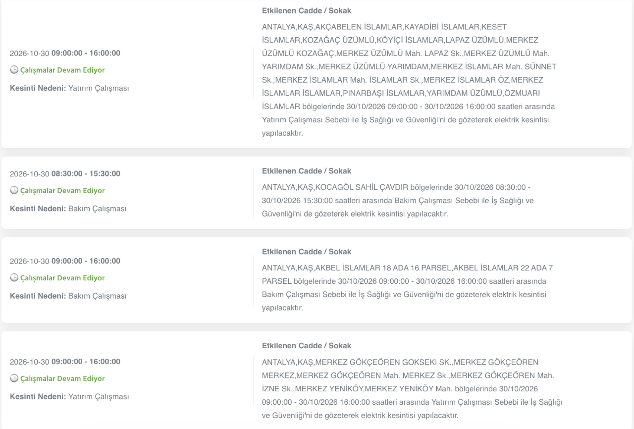 Antalya elektrik kesintisi 30-31 Ekim (Serik, Alanya, Kumluca, Kaş, Konyaaltı, Manavgat, Aksu, Gazipaşa, Muratpaşa, Demre, Döşemealtı, Elmalı, Akseki, Finike, Korkuteli)