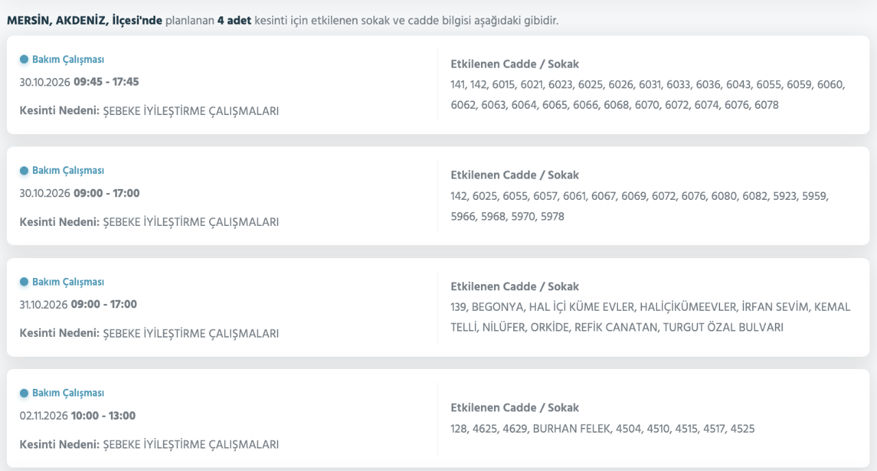 Mersin elektrik kesintisi 30-31 Ekim (Tarsus, Silifke, Erdemli, Anamur, Mezitli, Yenişehir, Bozyazı, Akdeniz)