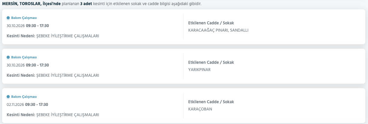 Mersin elektrik kesintisi 30-31 Ekim (Tarsus, Silifke, Erdemli, Anamur, Mezitli, Yenişehir, Bozyazı, Akdeniz)