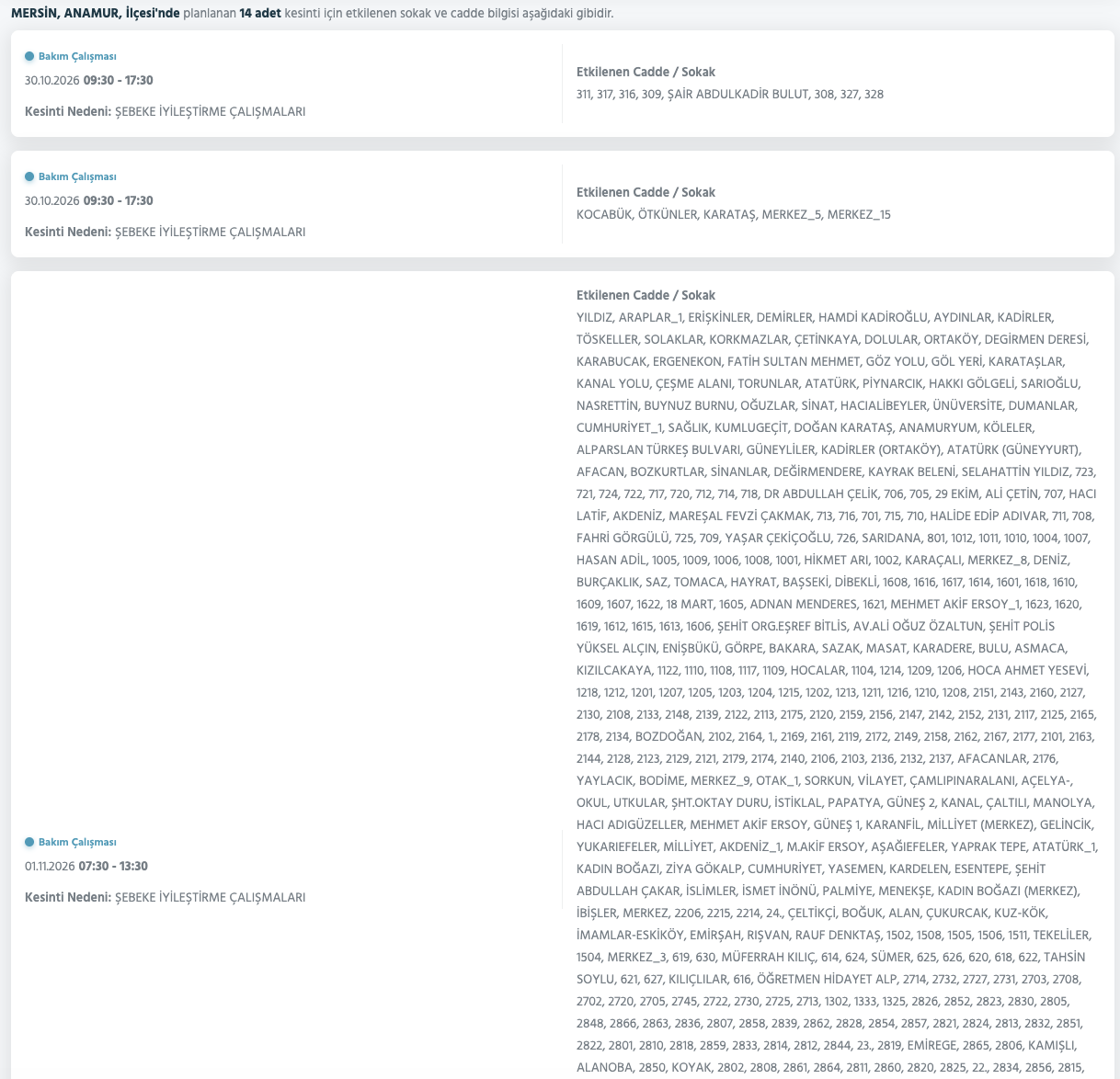 Mersin elektrik kesintisi 30-31 Ekim (Tarsus, Silifke, Erdemli, Anamur, Mezitli, Yenişehir, Bozyazı, Akdeniz)