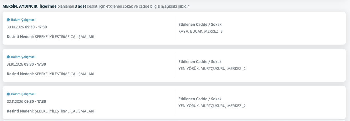 Mersin elektrik kesintisi 30-31 Ekim (Tarsus, Silifke, Erdemli, Anamur, Mezitli, Yenişehir, Bozyazı, Akdeniz)