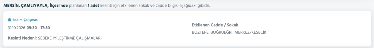 Mersin elektrik kesintisi 30-31 Ekim (Tarsus, Silifke, Erdemli, Anamur, Mezitli, Yenişehir, Bozyazı, Akdeniz)