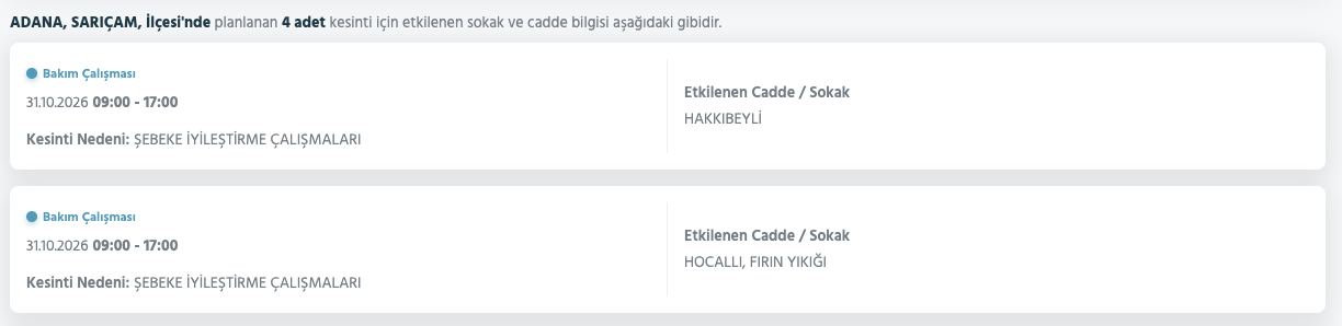 Adana elektrik kesintisi 30-31 Ekim (Seyhan, Yüreğir, Sarıçam, Çukurova, Ceyhan, Karataş, Karaisalı, Kozan)