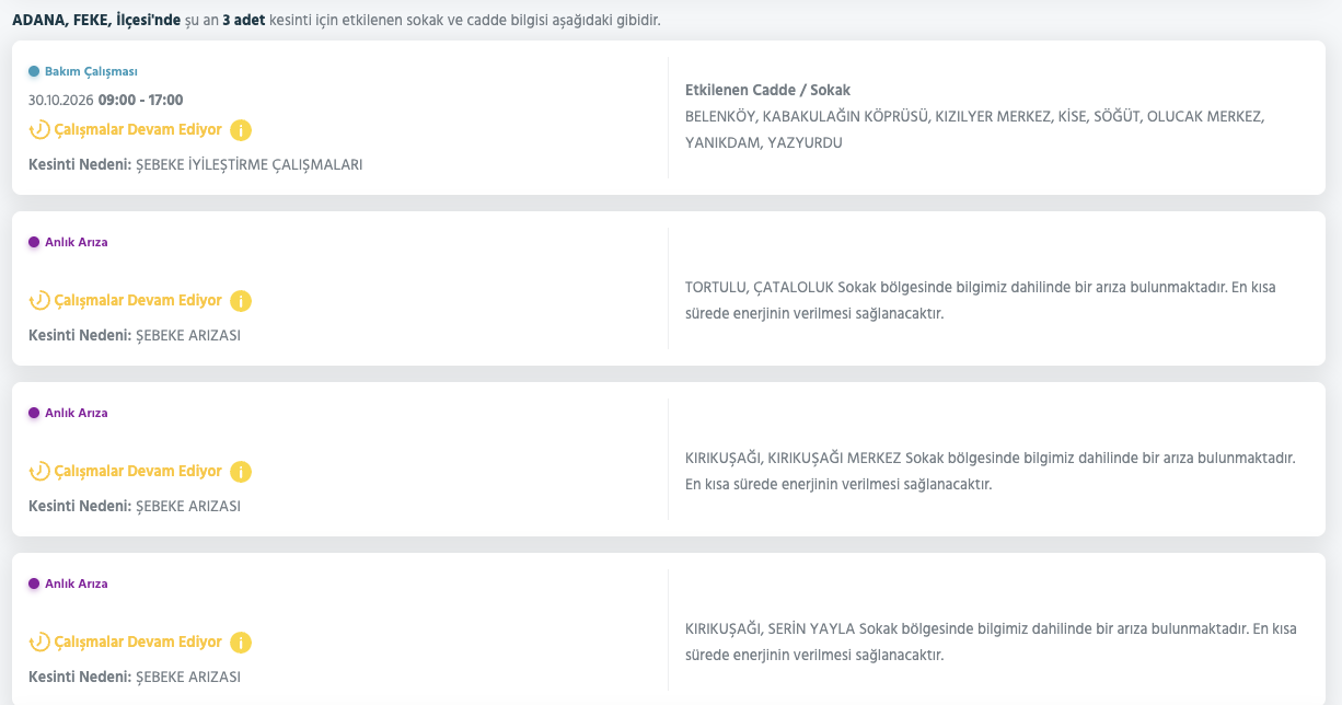 Adana elektrik kesintisi 30-31 Ekim (Seyhan, Yüreğir, Sarıçam, Çukurova, Ceyhan, Karataş, Karaisalı, Kozan)