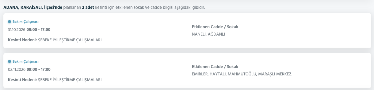 Adana elektrik kesintisi 30-31 Ekim (Seyhan, Yüreğir, Sarıçam, Çukurova, Ceyhan, Karataş, Karaisalı, Kozan)
