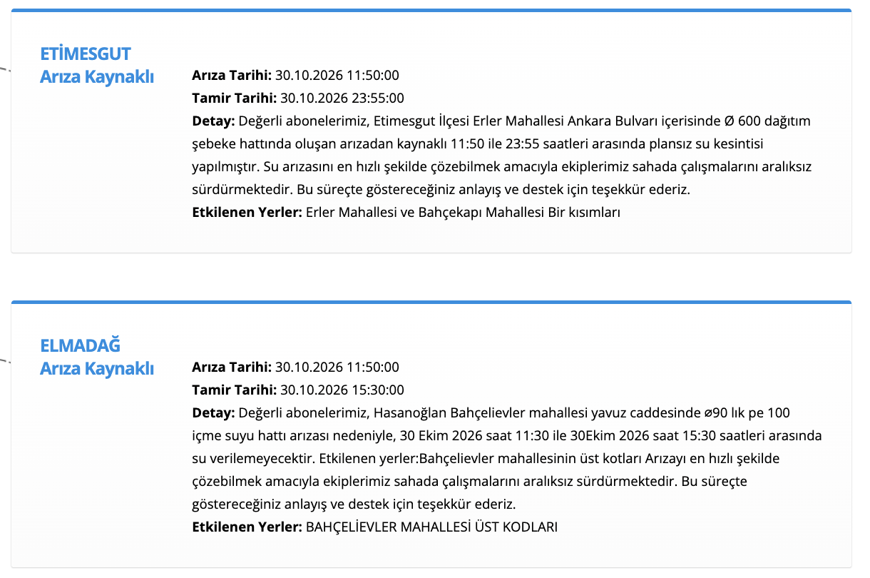 Ankara ASKİ su kesintisi 30 Ekim (Etimesgut, Elmadağ, Çubuk, Mamak, Polatlı, Altındağ)