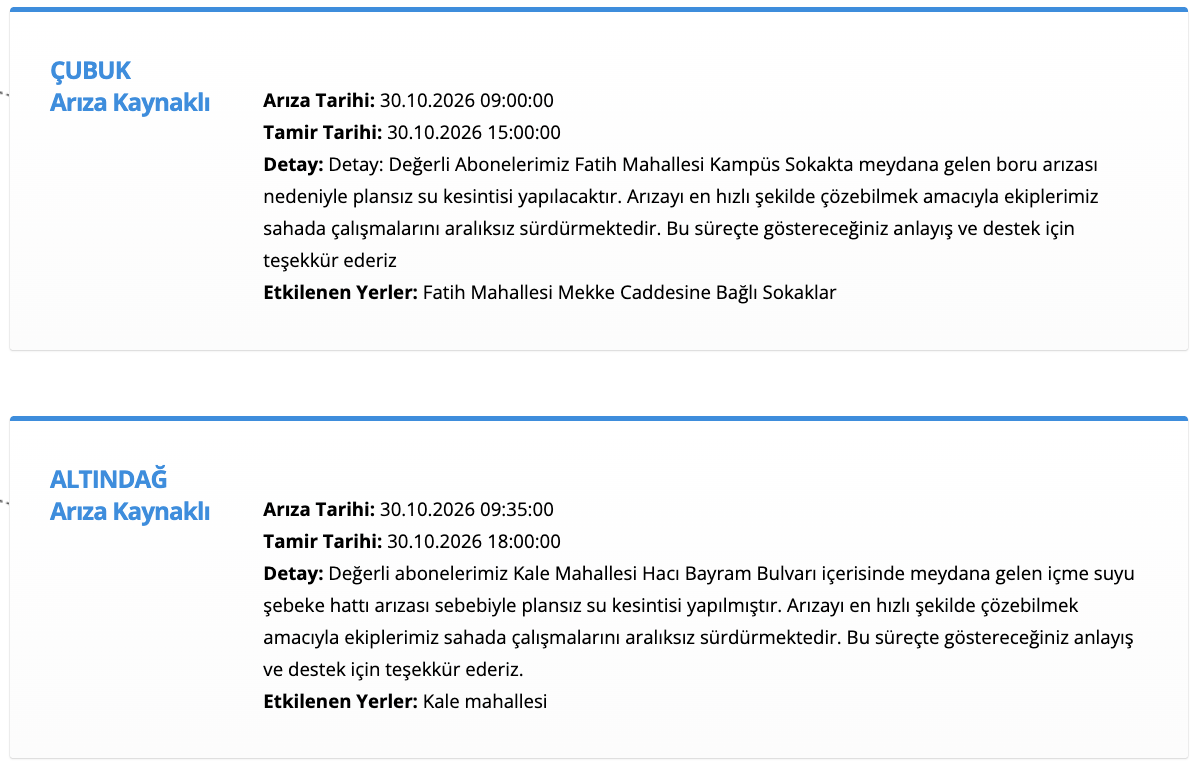 Ankara ASKİ su kesintisi 30 Ekim (Etimesgut, Elmadağ, Çubuk, Mamak, Polatlı, Altındağ)