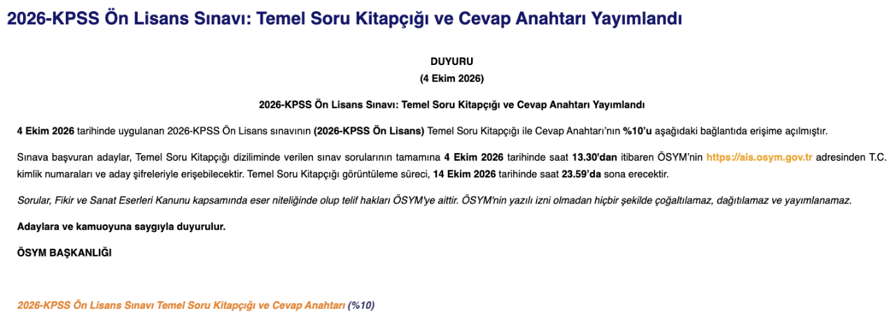KPSS Ön Lisans soruları ve cevap anahtarı: 2026 KPSS Ön Lisans sonuçları için geri sayım başladı