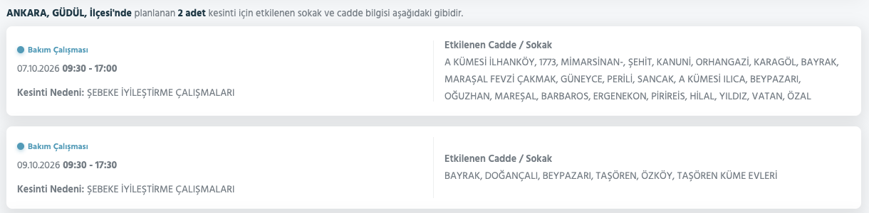 Ankara elektrik kesintisi 7,8,9 Ekim (Gölbaşı, Etimesgut, Mamak, Çubuk, Yenimahalle, Çankaya)