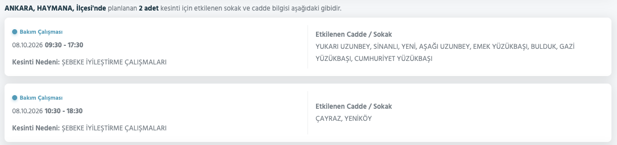 Ankara elektrik kesintisi 7,8,9 Ekim (Gölbaşı, Etimesgut, Mamak, Çubuk, Yenimahalle, Çankaya)
