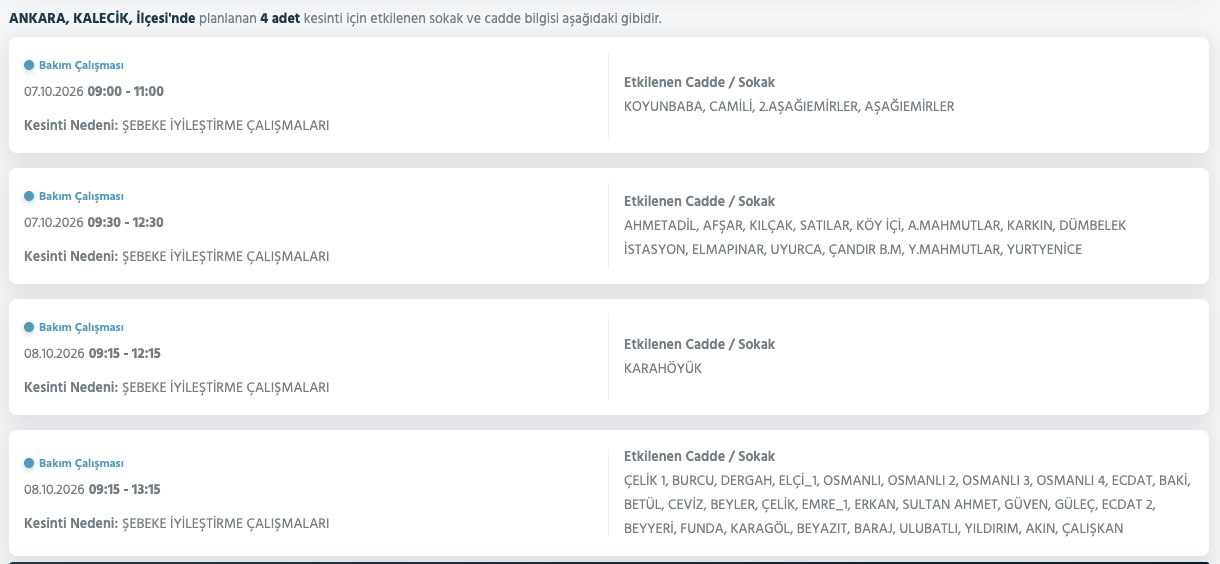 Ankara elektrik kesintisi 7,8,9 Ekim (Gölbaşı, Etimesgut, Mamak, Çubuk, Yenimahalle, Çankaya)