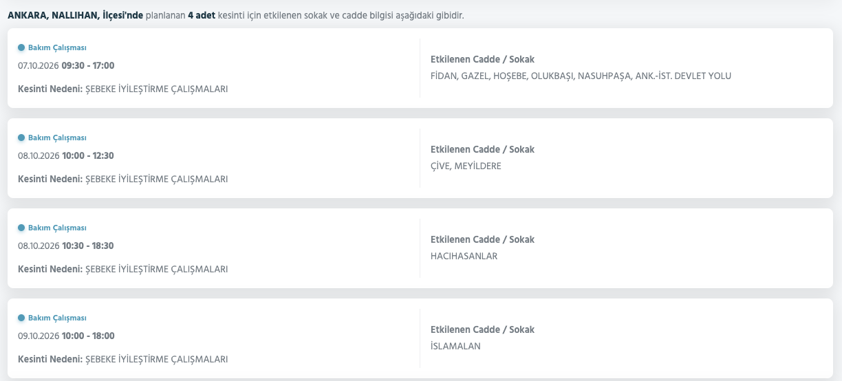 Ankara elektrik kesintisi 7,8,9 Ekim (Gölbaşı, Etimesgut, Mamak, Çubuk, Yenimahalle, Çankaya)