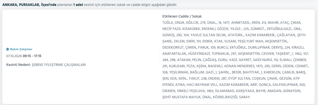 Ankara elektrik kesintisi 7,8,9 Ekim (Gölbaşı, Etimesgut, Mamak, Çubuk, Yenimahalle, Çankaya)