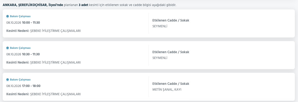 Ankara elektrik kesintisi 7,8,9 Ekim (Gölbaşı, Etimesgut, Mamak, Çubuk, Yenimahalle, Çankaya)