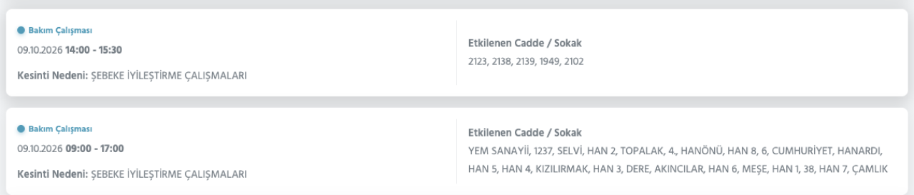 Ankara elektrik kesintisi 7,8,9 Ekim (Gölbaşı, Etimesgut, Mamak, Çubuk, Yenimahalle, Çankaya)