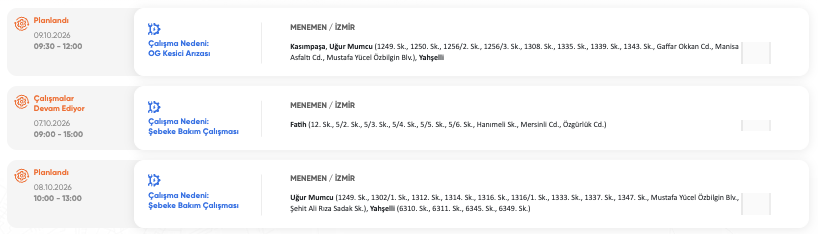 İzmir elektrik kesintisi 8, 9, 10 Ekim GDZ Elektrik (Buca, Tire, Bayındır, Ödemiş, Bornova, Kemalpaşa, Konak, Çeşme, Menderes, Urla, Karabağlar, Seferihisar) planlı kesinti