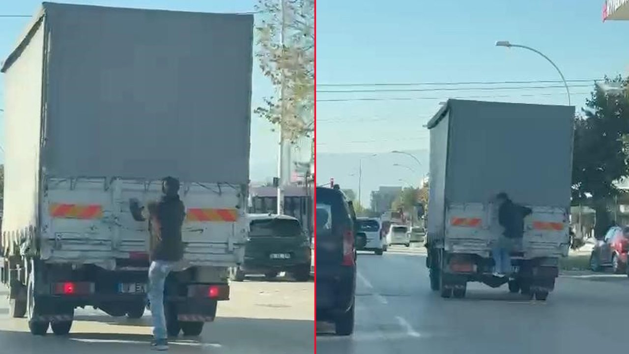 Pes dedirten görüntü! Kamyonetin arkasına tutunup ölüme davetiye çıkardı