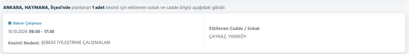 Ankara elektrik kesintisi 10-11 Ekim (Mamak, Gölbaşı, Ayaş, Çubuk, Çankaya, Sincan, Akyurt, Etimesgut, Pursaklar, Bala, Kahramankazan, Nallıhan, Altındağ, Polatlı, Kalecik, Elmadağ, Haymana) planlı kesinti