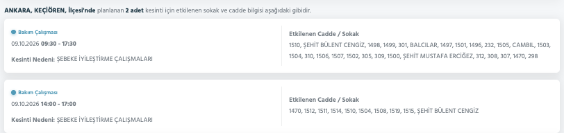 Ankara elektrik kesintisi 10-11 Ekim (Mamak, Gölbaşı, Ayaş, Çubuk, Çankaya, Sincan, Akyurt, Etimesgut, Pursaklar, Bala, Kahramankazan, Nallıhan, Altındağ, Polatlı, Kalecik, Elmadağ, Haymana) planlı kesinti