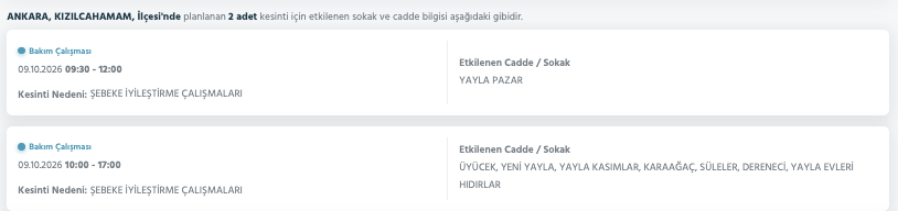 Ankara elektrik kesintisi 10-11 Ekim (Mamak, Gölbaşı, Ayaş, Çubuk, Çankaya, Sincan, Akyurt, Etimesgut, Pursaklar, Bala, Kahramankazan, Nallıhan, Altındağ, Polatlı, Kalecik, Elmadağ, Haymana) planlı kesinti