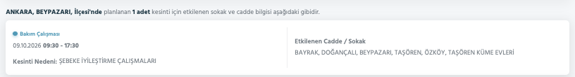 Ankara elektrik kesintisi 10-11 Ekim (Mamak, Gölbaşı, Ayaş, Çubuk, Çankaya, Sincan, Akyurt, Etimesgut, Pursaklar, Bala, Kahramankazan, Nallıhan, Altındağ, Polatlı, Kalecik, Elmadağ, Haymana) planlı kesinti