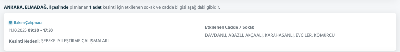 Ankara elektrik kesintisi 10-11 Ekim (Mamak, Gölbaşı, Ayaş, Çubuk, Çankaya, Sincan, Akyurt, Etimesgut, Pursaklar, Bala, Kahramankazan, Nallıhan, Altındağ, Polatlı, Kalecik, Elmadağ, Haymana) planlı kesinti