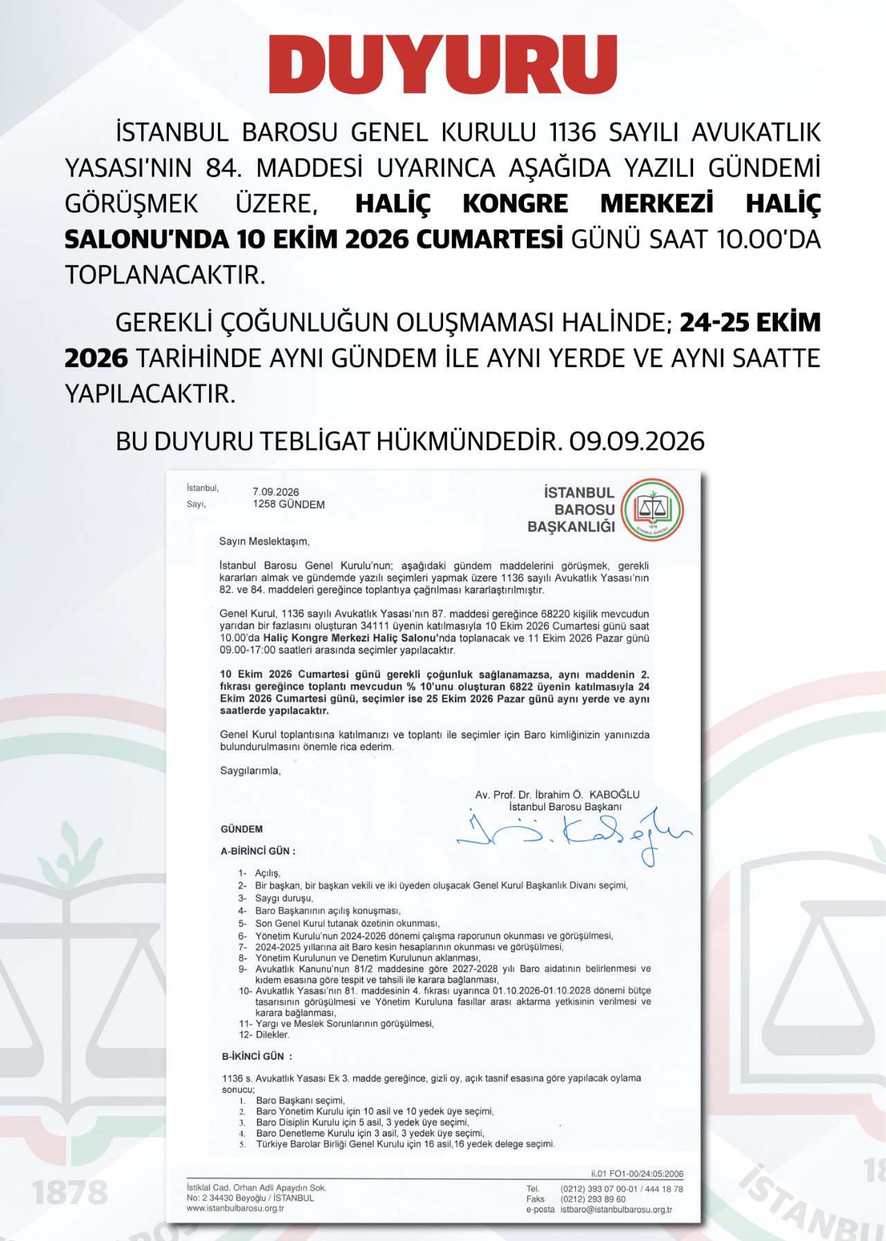 İstanbul Barosu seçimleri ne zaman? İstanbul Barosu Genel Kurul duyurusu!