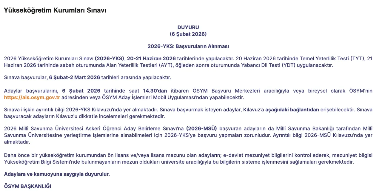 2026 (TYT-AYT) üniversite sınavı ne zaman, sonuçlar ne zaman açıklanacak? 2026 YKS başvuruları için son gün Martta!