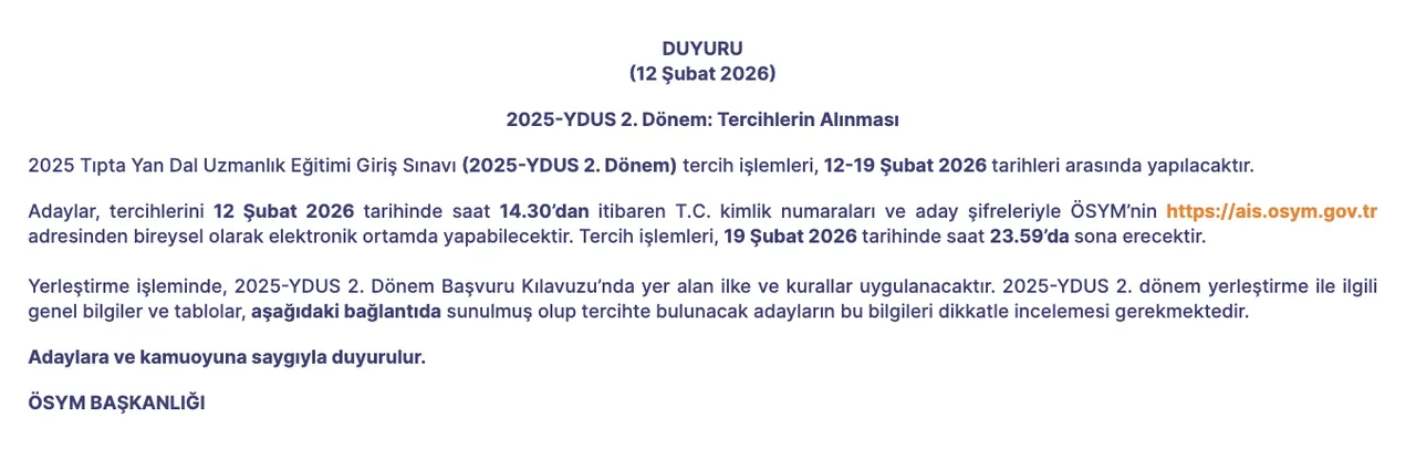2025-YDUS 2. Dönem tercihleri başladı! YDUS tercihleri için son gün duyuruldu!