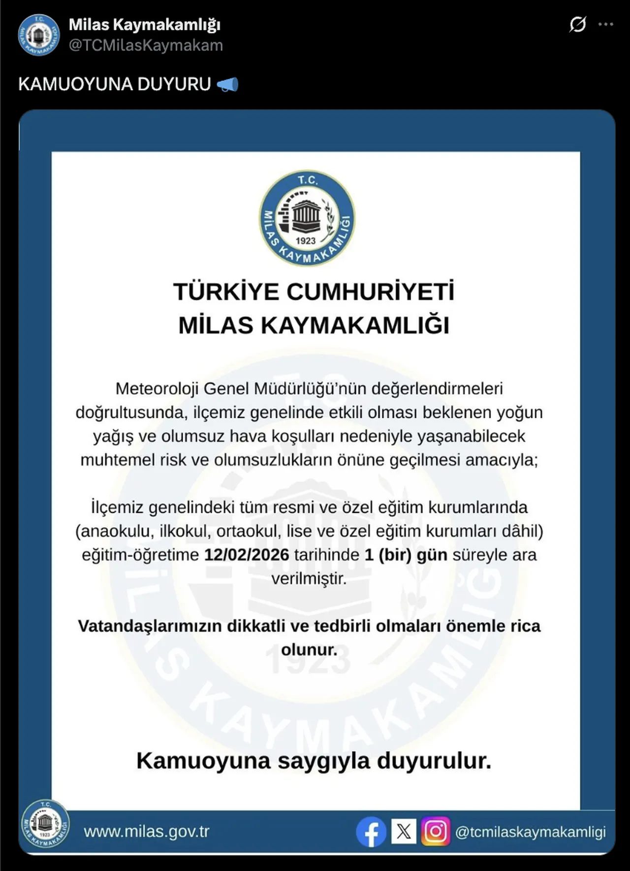 Muğlada okullar tatil mi? 12 Şubat ilçe kaymakamlıklarından tatil açıklaması geldi!