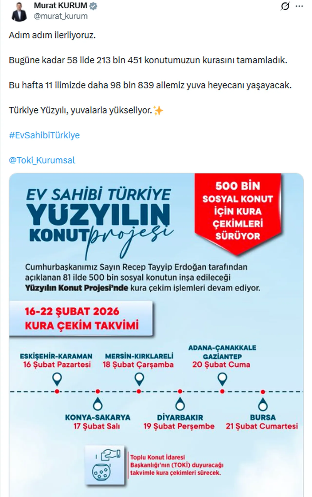 16-22 Şubat TOKİ kura takvimi belli oldu! 11 ilde 98 bin 839 sosyal konutun hak sahibi belli olacak