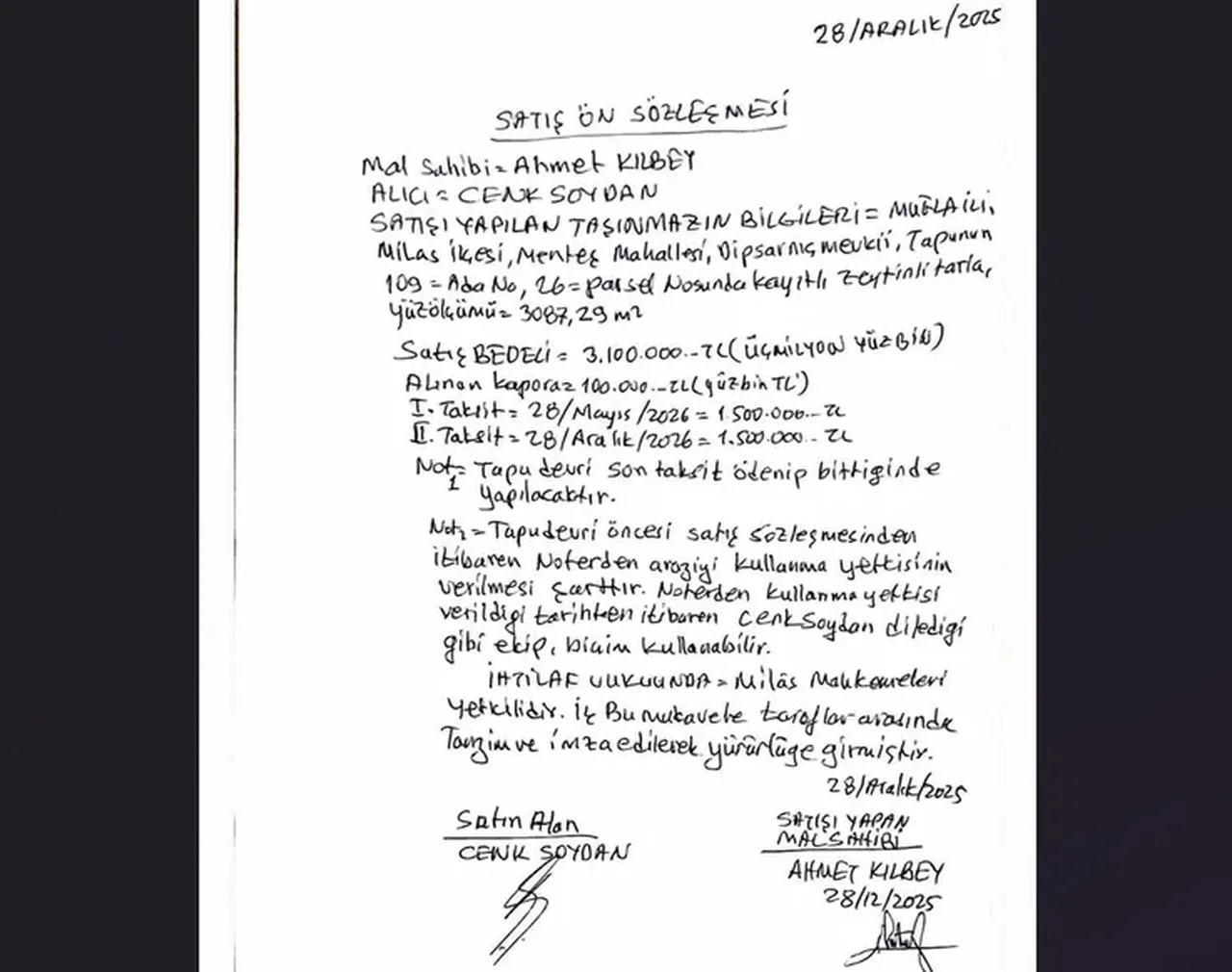 Kılbey araziyi 3 milyon TL karşılığında damadına devretti